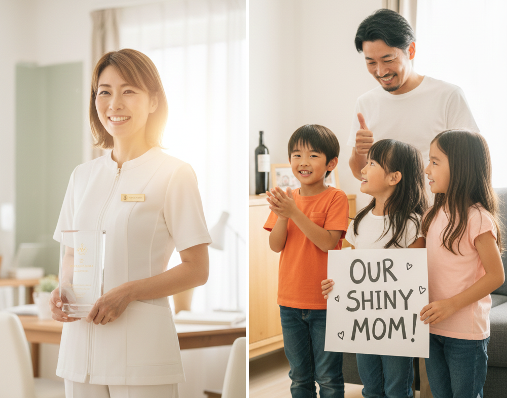 輝く母親を見る子供